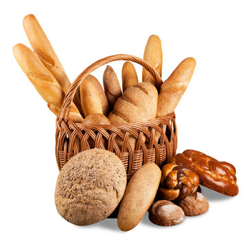 Composition with bread  in wicker basket isolated on white