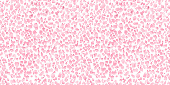 Seamless playful hand painted watercolor light pastel pink leopard print fabric pattern. Abstract cute spotted animal fur background texture. Girl's birthday, baby shower or nursery wallpaper design.