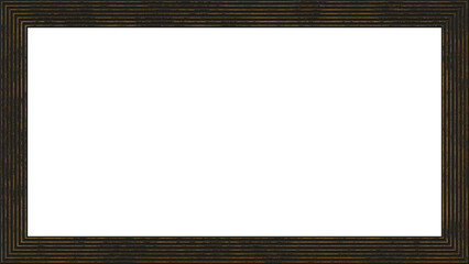 Old empty antique black and gold wood picture frame isolated on transparent background. Vintage distressed peeling paint texture wooden photo border. Realistic blank 8k 16:9 rectangular 3D rendering.