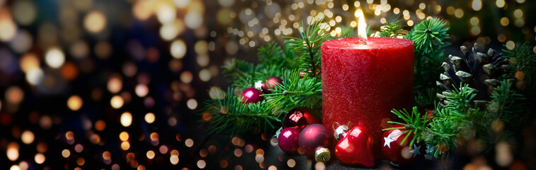 Christmas Background banner with red advent candle and magic bokeh lights - xmas greeting card,...