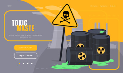Loading page with radioactive waste in barrels. Industrial environmental pollution with toxic and chemical waste. Vector illustration