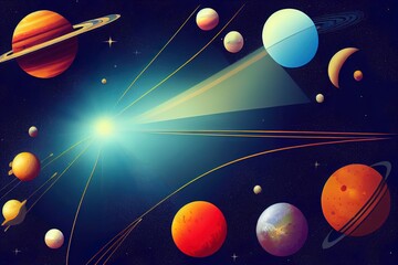 Space. 2d abstract illustrations of an astronaut, planets, galaxy, mars, future, earth and stars. Science fiction drawing for poster, cover or background 