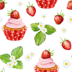 Seamless pattern with watercolor strawberry and cupcake isolated on white background.