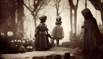 1900 vintage close up photography of children with creepy Halloween costumes in the forest - obrazy, fototapety, plakaty