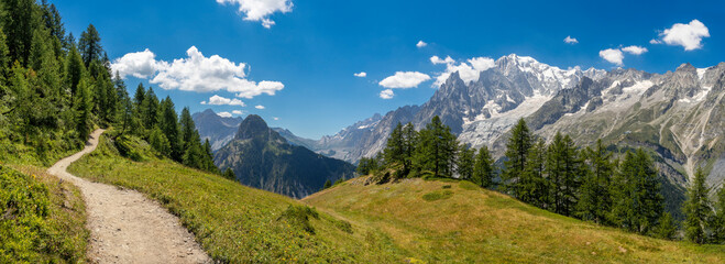 The panorama of Mont Blanc massif from Val Ferret valley in Italy.