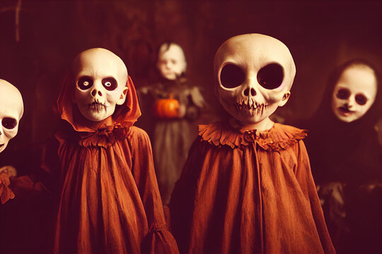 1900 vintage close up photography of five children with creepy masks and red and black Halloween costumes