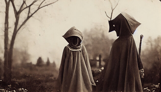1900 vintage photography of children with creepy Halloween costumes outdoors