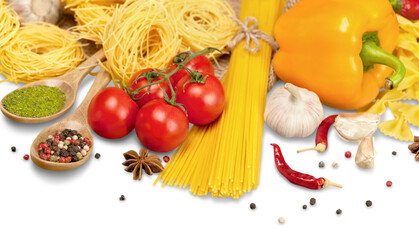 Pasta spaghetti, vegetables and spices, isolated on white