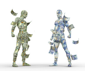 US Dollar vs South African rand, Forex trading, currency pairing, human characters made of money, 3d rendering