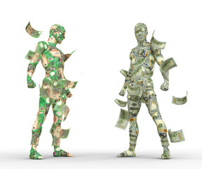 US Dollar vs Australian dollar, Forex trading, currency pairing, human characters made of money, 3d rendering