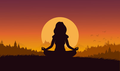 silhouette of a woman meditating in the sunset - obrazy, fototapety, plakaty