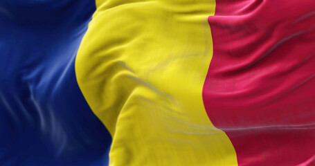 Close-up view of the Chad national flag waving in the wind