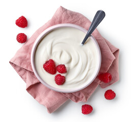 Pink bowl of greek yogurt and fresh raspberries on linen napkin isolated on white background - 537832524