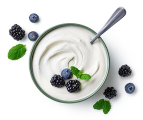Green bowl of greek yogurt and fresh berries isolated on white background - Powered by Adobe