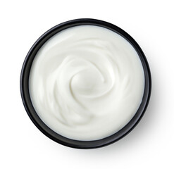 Black ceramic bowl of fresh greek yogurt isolated on white background