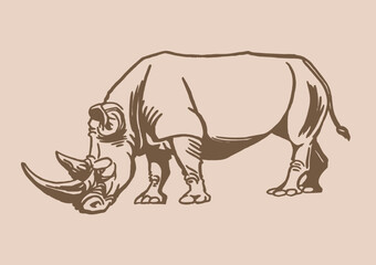 Vector vintage illustration of rhino , sepia background, graphics	