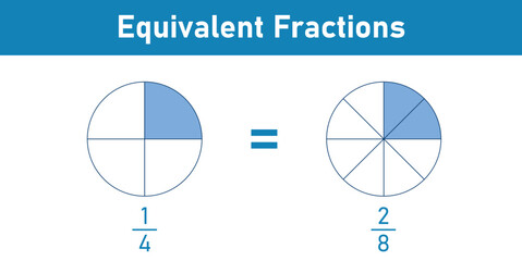 Equivalent fractions one fourth explained in mathematics. Vector illustration isolated on white background.