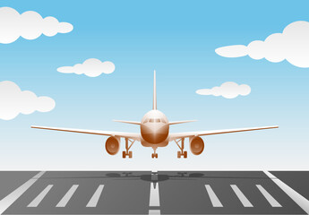 Illustration of a plane landing at the airport on a sunny day with blue sky - obrazy, fototapety, plakaty