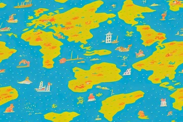 Children's World Map. Travel around the world play mat for Kids. Baby land map 2d seamless pattern. Kid carpet with cute doodle roads, nature, city, village, forest, sea and wild animals etc.