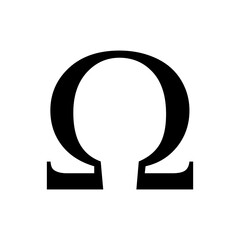 Black omega symbol icon with name. greek alphabet letter