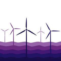 Horizontal seamless pattern with waves and windmills, wind turbines. Vector colored background.