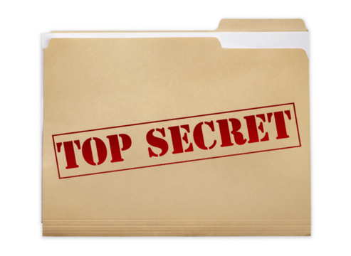 A manila folder with the faded words Top Secret on the front, isolated on a white background