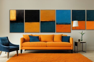 Modern abstract oil painting art design. Orange, gold, blue,