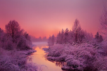 Weihnachtsspitze. Winterlandschaft in rosa Tönen. Meist ruhiger Winterfluss, umgeben von Bäumen, die mit Raureif und Schnee bedeckt sind, der auf ein wunderschönes rosa Morgenlicht fällt. 3D-Darstellung © Katynn