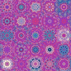 Feminine weave with rainbow flowered decoration, dominated by pink, kaleidoscope design, geometric seamless pattern. Great for wallpaper, decoration, website, weaving industry