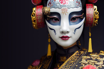 close-up portrait of a porcelain  beautiful perfect robot woman. cyberpunk style inspired by colorful Cantonese opera masks.Artificial intelligence concept. 3d illustration
