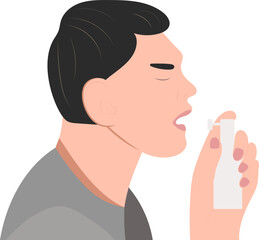 Guy or man with a sore throat, tonsillitis, pharyngitis, laryngitis. Spray sore throat. Disease prevention. Vector illustration. 