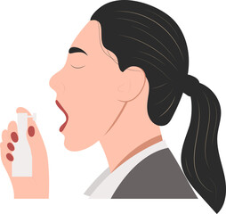 Lady or woman with a sore throat, tonsillitis, pharyngitis, laryngitis. Spray sore throat. Disease prevention. Vector illustration. 