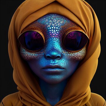 Extraterrestial With Blue Skin And Yellow Headscarf, 3d Render