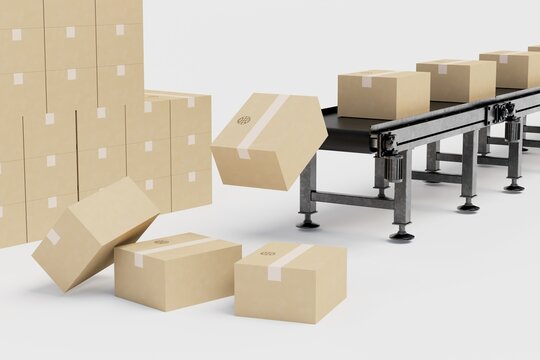 parcels flying from the conveyor line next to folded boxes on a white background. 3D render