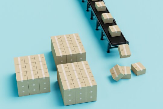 parcels flying from the conveyor line next to folded boxes on a blue background. 3D render