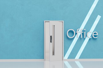 an open white door to the office and the inscription office against the background of a blue wall. 3D render