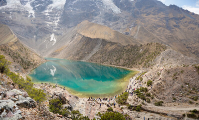 Panorama of the humantay lake on the salkantay trekking, Peru. 