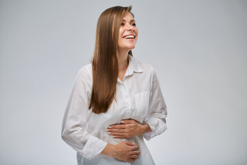 Happy healthy woman has no stomach problems. isolated portrait on white. - 537838911