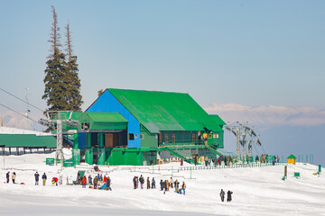 GULMARG SKI RESORT, KASHMIR, INDIA: Indian tourists skiing in Kongdoori, first station of the Gondola cable car, altitude 3090 meters - obrazy, fototapety, plakaty