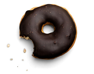 Bitten doughnut with chocolate glaze on white background