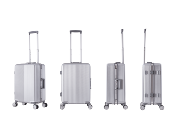 Silver metal suitcase wtih transparent background, vacation luggage in perspective view