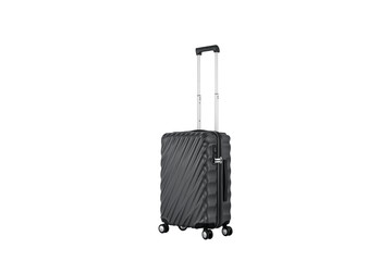 Black plastic suitcase wtih transparent background, vacation luggage in perspective view