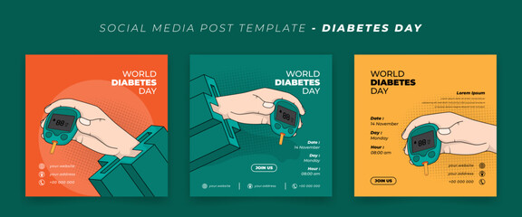 Set of social media post template with hand and glucometer in cartoon design for diabetes day design