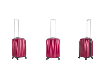 Set up of stylish red plastic suitcases with transparent background