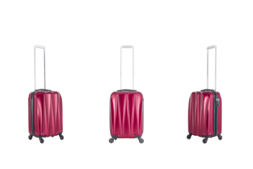 Set up of stylish red plastic suitcases with transparent background