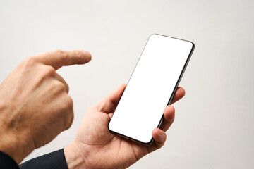 Man hand holding phone on white background