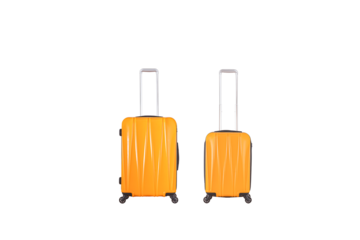 Stylish yellow plastic suitcases with transparent background in front view