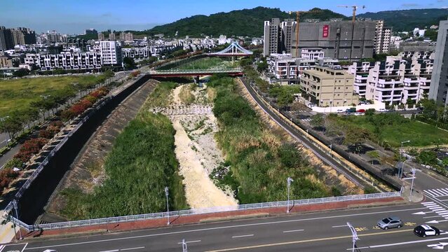 Taichung,Taiwan - Oct 13 2022:Ariel Footage Dali River,Taichung Beitun District.