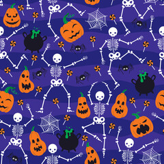 Vector pattern with skeletons, pumpkins and spiders for Halloween.