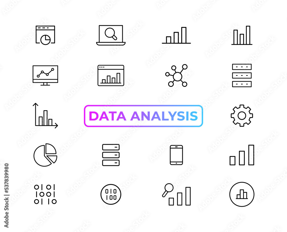 Poster big data analysis thin line icon set. data processing outline pictograms for website and mobile app 